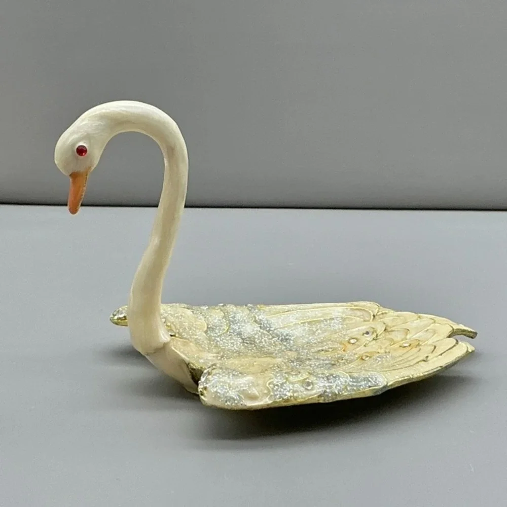 Swan Ring Holder Trinket Dish White Gold Glitter Rhinestone Jewelry Vanity Decor